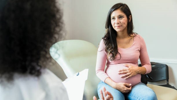 pregnant woman talking to a doctor